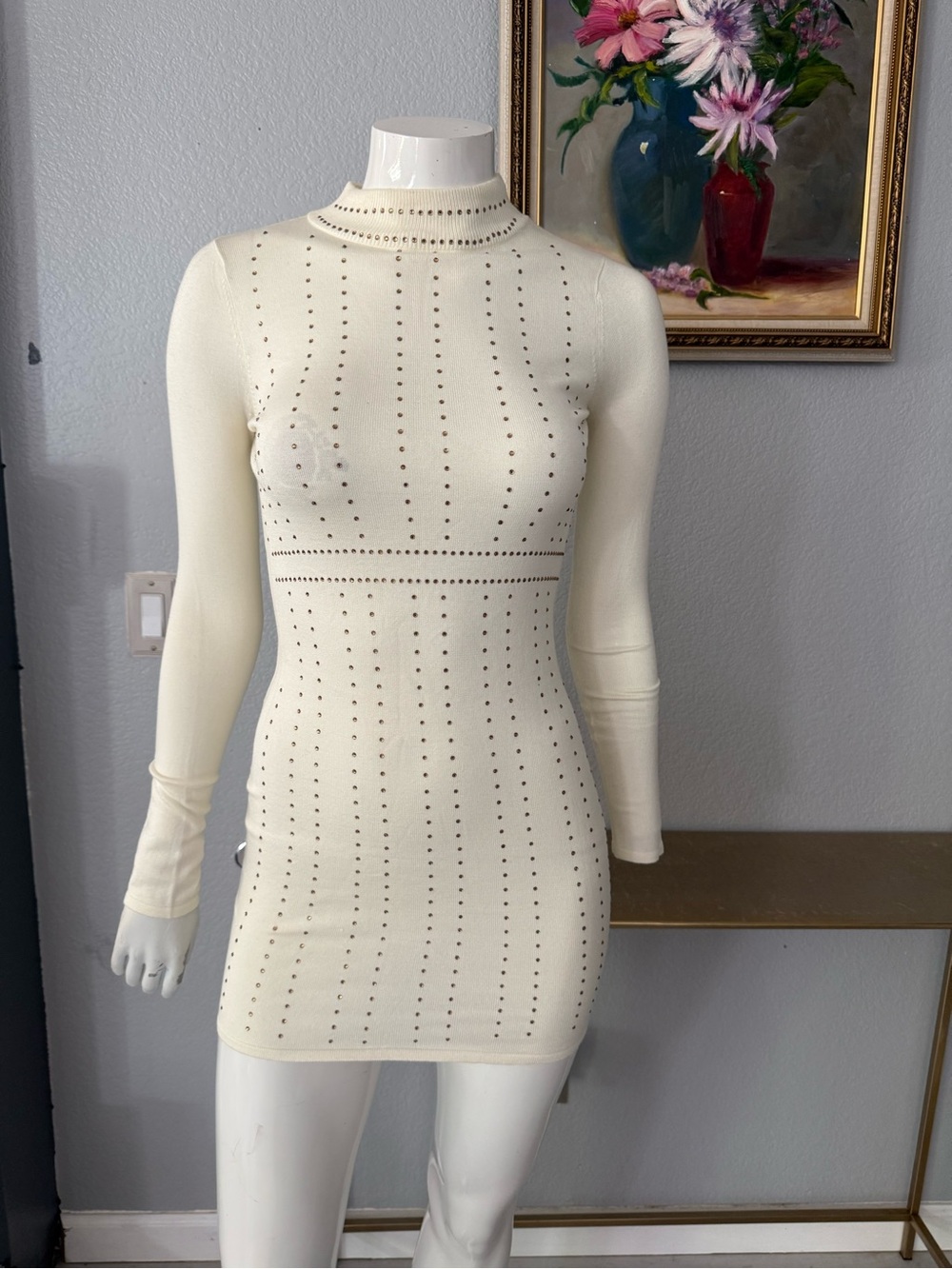 Say What? Cream Long Sleeve Studded Bodycon Mini Dress